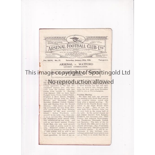 39 - ARSENAL      Programme for the home London Combination match v Watford 29/1/1938, slightly creased a... 