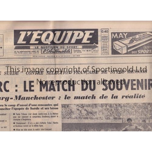 393 - MANCHESTER UNITED       French L'Equipe newspaper 12/5/1965 which previews Strasbourg v United and I... 