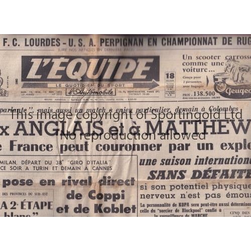 395 - FRANCE V ENGLAND 1955      French L'Equipe newspaper 15/5/1955 previews the match in Paris with team... 