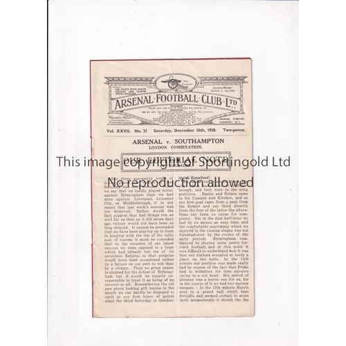 41 - ARSENAL      Programme for the home London Combination match v Southampton 10/12/1938, slightly crea... 