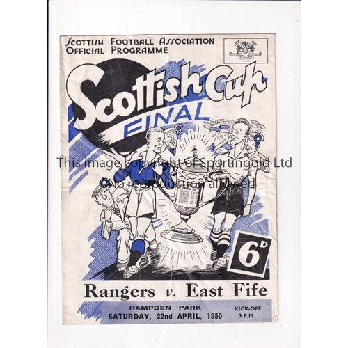 419 - 1950 SCOTTISH CUP FINAL      Programme for Rangers v East Fife, heavily creased.    Poor to fair