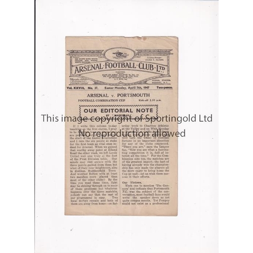 43 - ARSENAL      Programme for the home Football Combination Cup match v Portsmouth 7/4/1947, slightly c... 