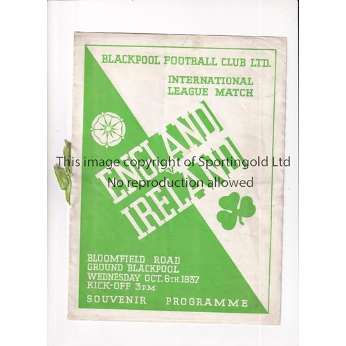 439 - ENGLISH LEAGUE V IRISH LEAGUE 1937 AT BLACKPOOL      VIP issue programme bound with green ribbon for... 