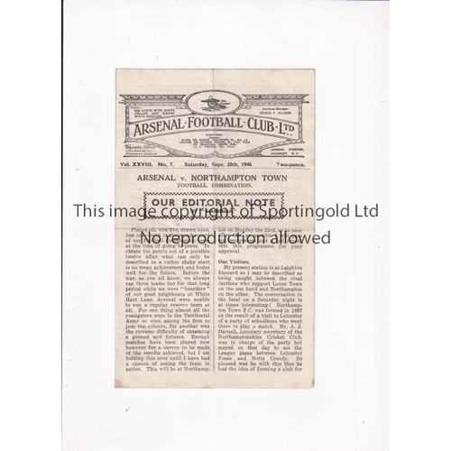 44 - ARSENAL      Programme for the home Football Combination match v Northampton Town 28/9/1946, slightl... 