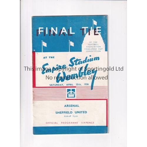 440 - 1936 FA CUP FINAL     Programme for Arsenal v Sheffield United, staples holes repaired on each page,... 