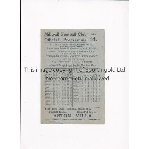 456 - MILLWALL V NEWCASTLE UNITED 1946 FRIENDLY     Programme for the match at Millwall 9/3/1946, creased ... 