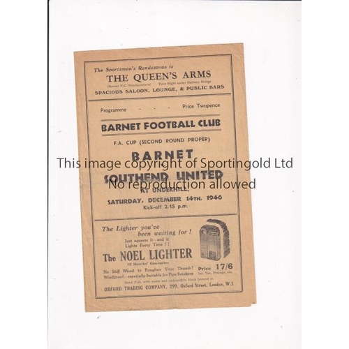 50 - BARNET V SOUTHEND UNITED 1946 FA CUP      Programme for the tie at Barnet 14/12/1946, slightly creas... 