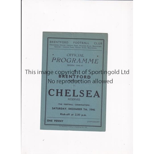 52 - CHELSEA      Programme for the away Football Combination match v Brentford 7/12/1946, slight horizon... 