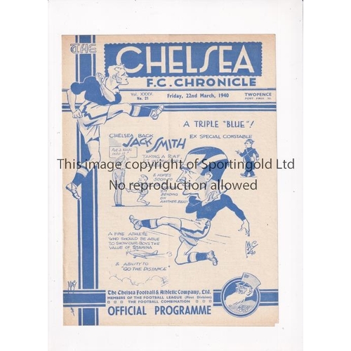 61 - CHELSEA      Programme for the home FL South Regional League match v Fulham 22/3/1940, very slight v... 