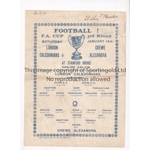 648 - LONDON CALEDONIANS V CREWE ALEXANDRA 1928 FA CUP AT CHELSEA F.C.     Single sheet pirate programme i... 