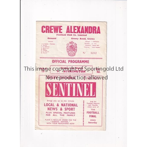 649 - CREWE ALEXANDRA V ACCRINGTON STANLEY 1962 / LAST IN THE LEAGUE       Programme for the League match ... 