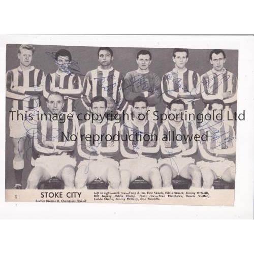 657 - STOKE CITY 1962/3 DIVISION II CHAMPIONS / AUTOGRAPHS      A magazine B/W team group picture signed b... 