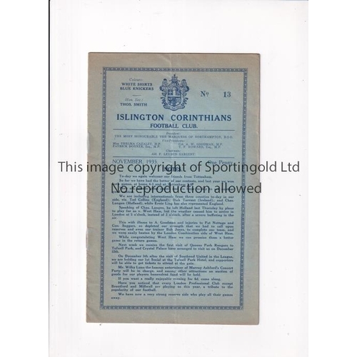 676 - TOTTENHAM HOTSPUR      Programme for the away match v Islington Corinthians in November 1935, vertic... 