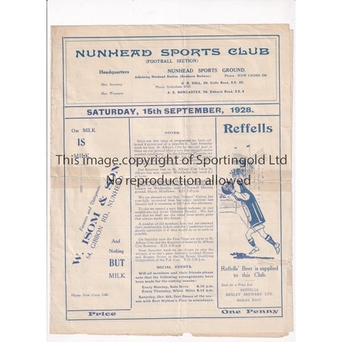 678 - NUNHEAD V DULWICH HAMLET 1928      Programme for the League match at Nunhead 15/9/1928, folded and t... 