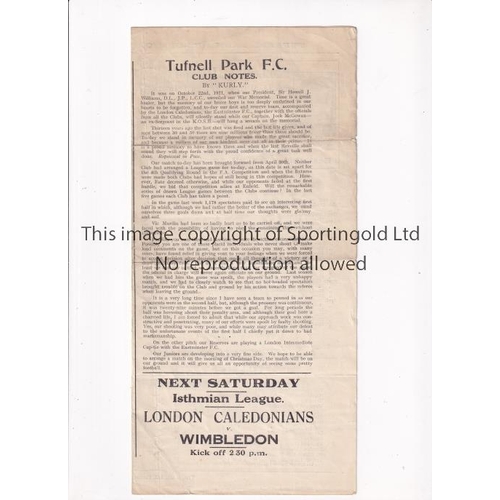 684 - TUFNELL PARK V LONDON CALEDONIANS 1931      Programme for the Isthmian League match at Tufnell Park ... 