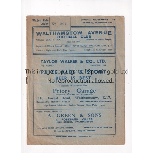 685 - WALTHAMSTOW AVENUE V ROMFORD 1937     Programme for the Athenian League match at Walthamstow 2/9/193... 