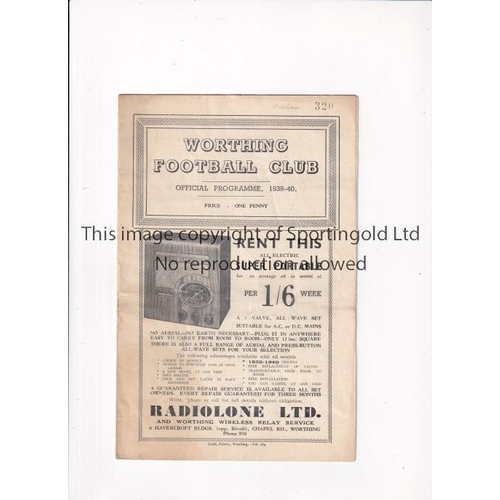 686 - WORTHING V HORSHAM 1940     Programme for the Sussex County League (Western Division) match at Worth... 