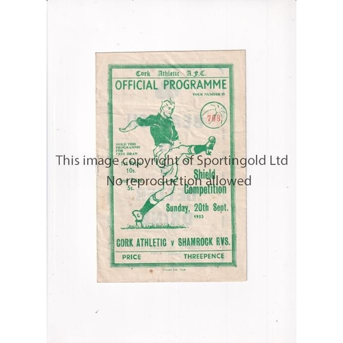 88 - CORK UNITED V SHAMROCK ROVERS 1953     Programme for the Shield match at Cork 20/9/1953.    Generall... 