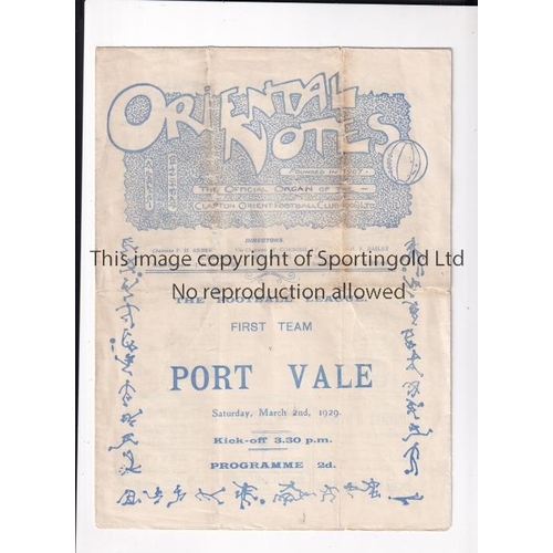 1167 - CLAPTON ORIENT V PORT VALE 1929   Clapton Orient home programme v Port Vale, 2/3/1929, some wear alo... 