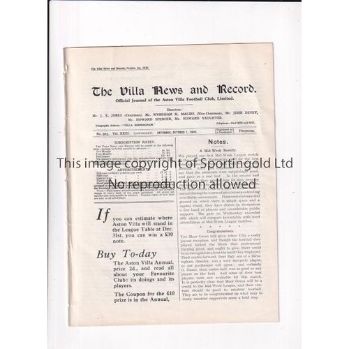 1173 - ASTON VILLA V CHELSEA 1932     Programme for the League match at Villa 1/10/1932, ex-binder and miss... 