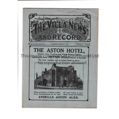 1176 - ASTON VILLA V BURY 1926    Aston Villa home programme v Bury, 6/3/1926. Division 1.  Generally good