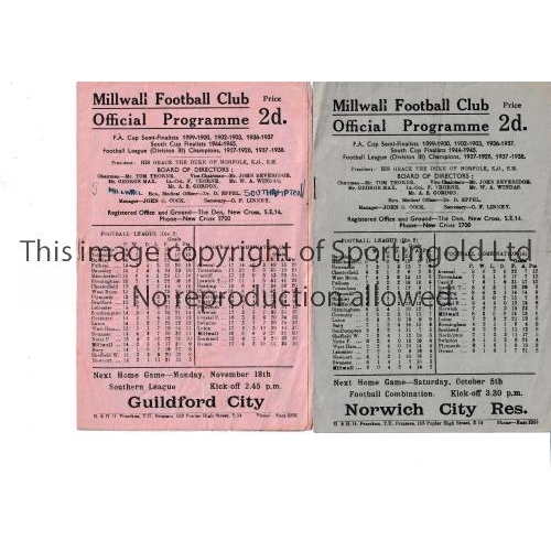 1179 - MILLWALL        Two home programme in season 1946/7 v. Sheffield Wednesday slightly creased and Sout... 