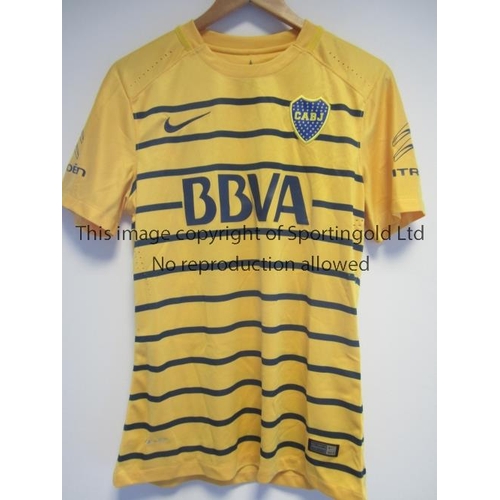 1183 - BOCA JUNIORS SHIRT       A medium size yellow with black hoops  short sleeve shirt with embroidered ... 