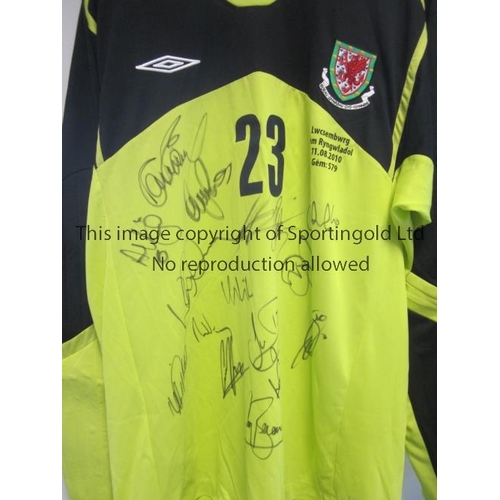 1186 - WALES SHIRT 2010   Goalkeeper Jersey, Wales v Luxembourg 11/8/2010, worn by number 23 Jason Brown wh... 