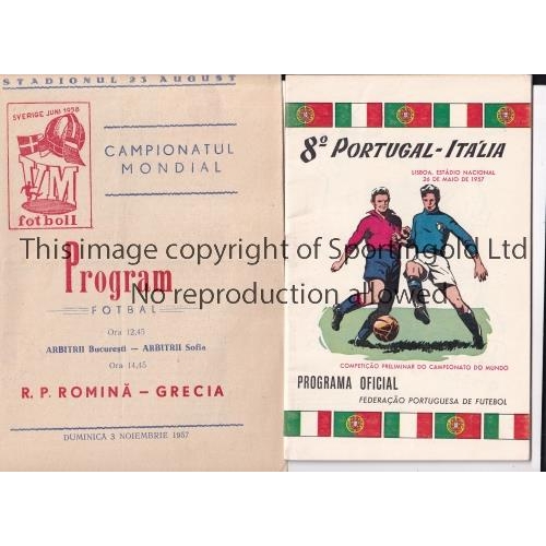 25 - 1958 WORLD CUP QUALIFIERS     Two programmes for Portugal v Italy 26/5/1957 and Romania v Greece 3/1... 