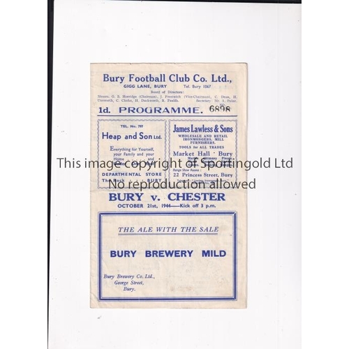 52 - BURY V CHESTER 1944      Programme for the match at Bury 21/10/1944, slightly creased, team changes ... 