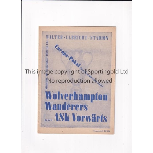 54 - WOLVES Programme for the away European Cup tie v ASK Vorwaerts 30/9/1959. Good