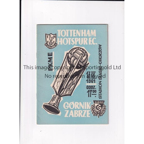 61 - TOTTENHAM HOTSPUR Programme for the away European Cup tie v Gornik Zabrze 13/9/1961. Team line-ups e... 