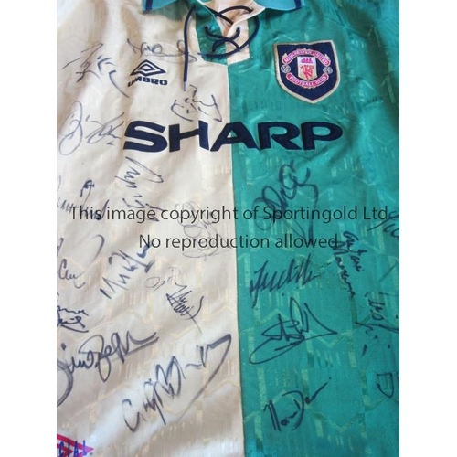 815 - MAN UTD   Green and yellow away shirt, Sharp sponsor, lace up collar, club badge sewn on, signed to ... 