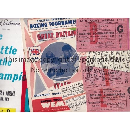 849 - BOXING PROGRAMMES WITH TICKETS      Eleven programmes and tickets for fights in the 1950's including... 