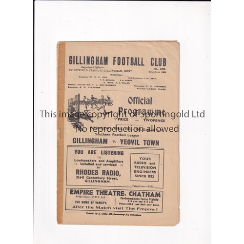 851 - GILLINGHAM 1947/8   Home programme v Yeovil, 28/4/48, Southern League, tape along spine which is par... 