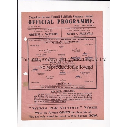 859 - TOTTENHAM HOTSPUR V CHELSEA 1943     Single sheet programme for the FL South Cup match at Tottenham ... 