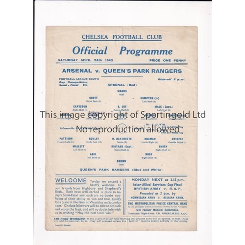 923 - WAR CUP SEMI-FINAL 43    Chelsea single sheet programme for War Cup Semi-Final, Arsenal v QPR, 24/4/... 