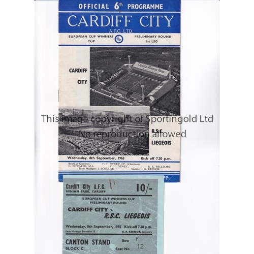 1 - CARDIFF CITY V R.S.C. LIEGEOIS 1965     Programme and seat ticket for the ECWC tie at Cardiff 8/9/19... 