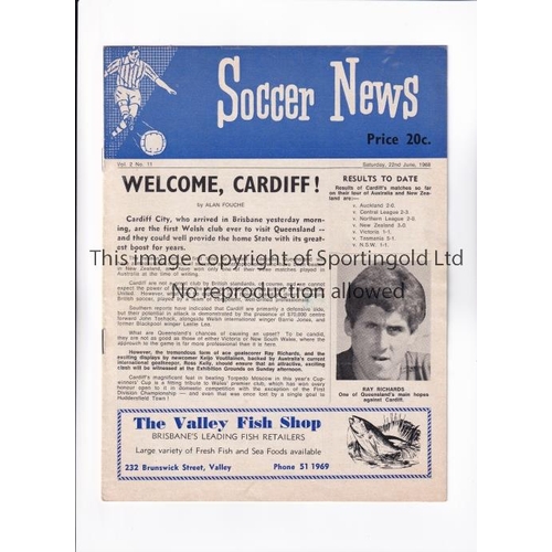 10 - CARDIFF CITY     Programme for the away Friendly v Queensland 23/6/1968.    Good