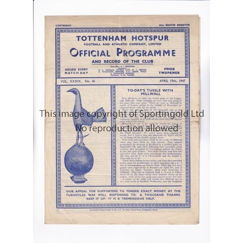 1096 - TOTTENHAM HOTSPUR        Programme for the home League match v Millwall 19/4/1947, very slightly cre... 
