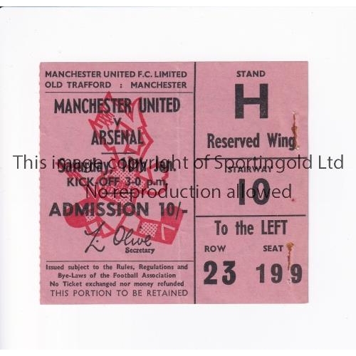 1178 - TICKET 1970 MANCHESTER UNITED V ARSENAL   Ticket for the league game at Old Trafford on 10/1/70, sma... 
