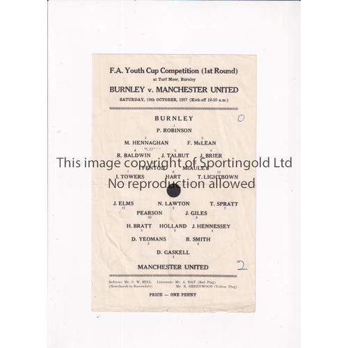1231 - MANCHESTER UNITED        Single sheet programme for the away F.A. Youth Cup tie v Burnley 19/10/1957... 