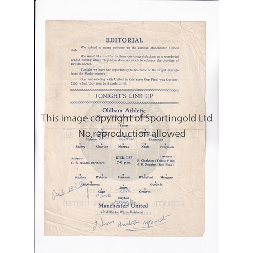 1573 - 1957 MANCHESTER SENIOR CUP FINAL / MANCHESTER UNITED      Single sheet programme for the away match ... 