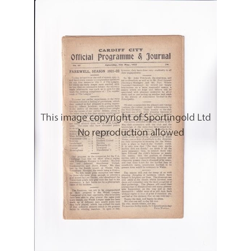 1577 - MANCHESTER UNITED      Programme for the away League match v Cardiff City 6/5/1922, lacking outer co... 