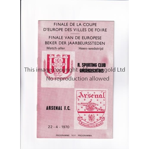 18 - 1970 FAIRS CUP FINAL / ANDERLECHT V ARSENAL      Programme for the 1st leg at Anderlecht 22/4/1970. ... 