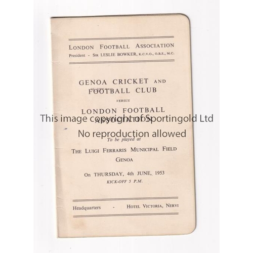 1936 - LONDON FOOTBALL ASSOCIATION TOUR TO GENOA 1953       Four page itinerary card issued for the Genoa C... 