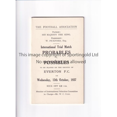 23 - INTERNATIONAL TRIAL AT EVERTON F.C. 1937        F.A. itinerary card with team line-ups on the centre... 