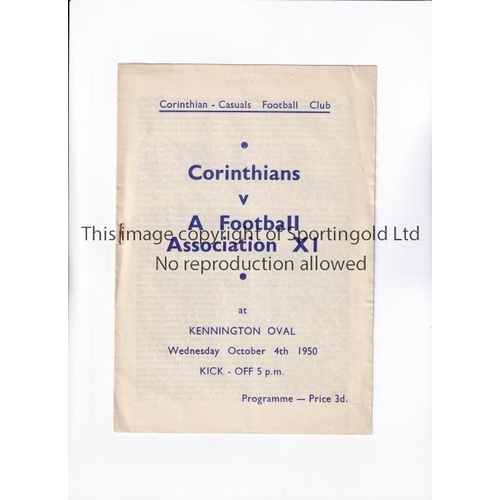 3 - CORINTHIANS V F.A. XI 1950     Programme for the match played at Kennington Oval 4/10/1950. The FA t... 