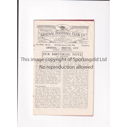 34 - ARSENAL     Programme for the home London Combination match v Bristol City 15/1/1938, slightly creas... 