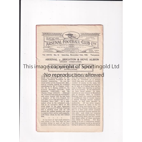 35 - ARSENAL     Programme for the home London Combination match v Brighton & Hove Albion 12/11/1938, sli... 